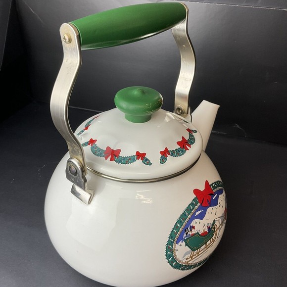 Vintage Mervyn's Porcelain on Steel Holiday Tradition Tea Kettle Winter Sleigh - Picture 3 of 13